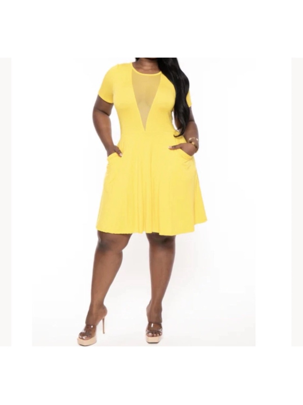 Women’s Plus Size Vicki Sunflower Curvy Mesh Bust Skater Flare Dress Yellow 2 X